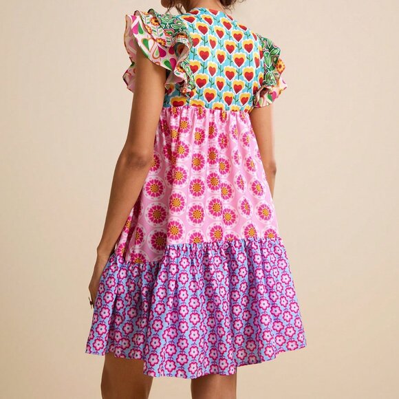 Multicolor Boho Women's Patchwork V-Neck Ruffle Waist A-Line Short Dress - Picture 2 of 8